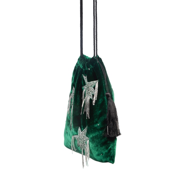 Small Green Velvet Drawstring Bag With Silver Embroidery