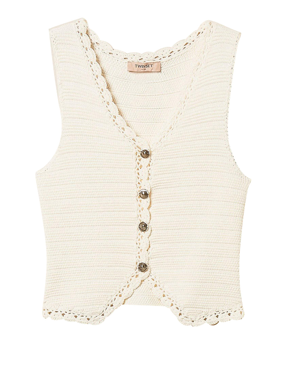 Sleeveless Knit Vest with Crochet Trim