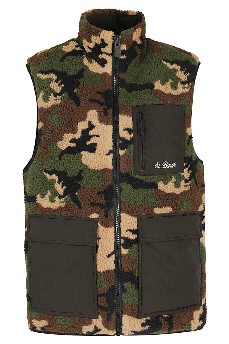 Multicolor Camouflage Sherpa Vest With Multiple Pockets