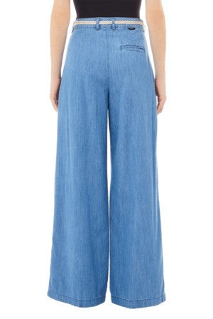 Wide-leg Light Denim Trousers with Front Pleats