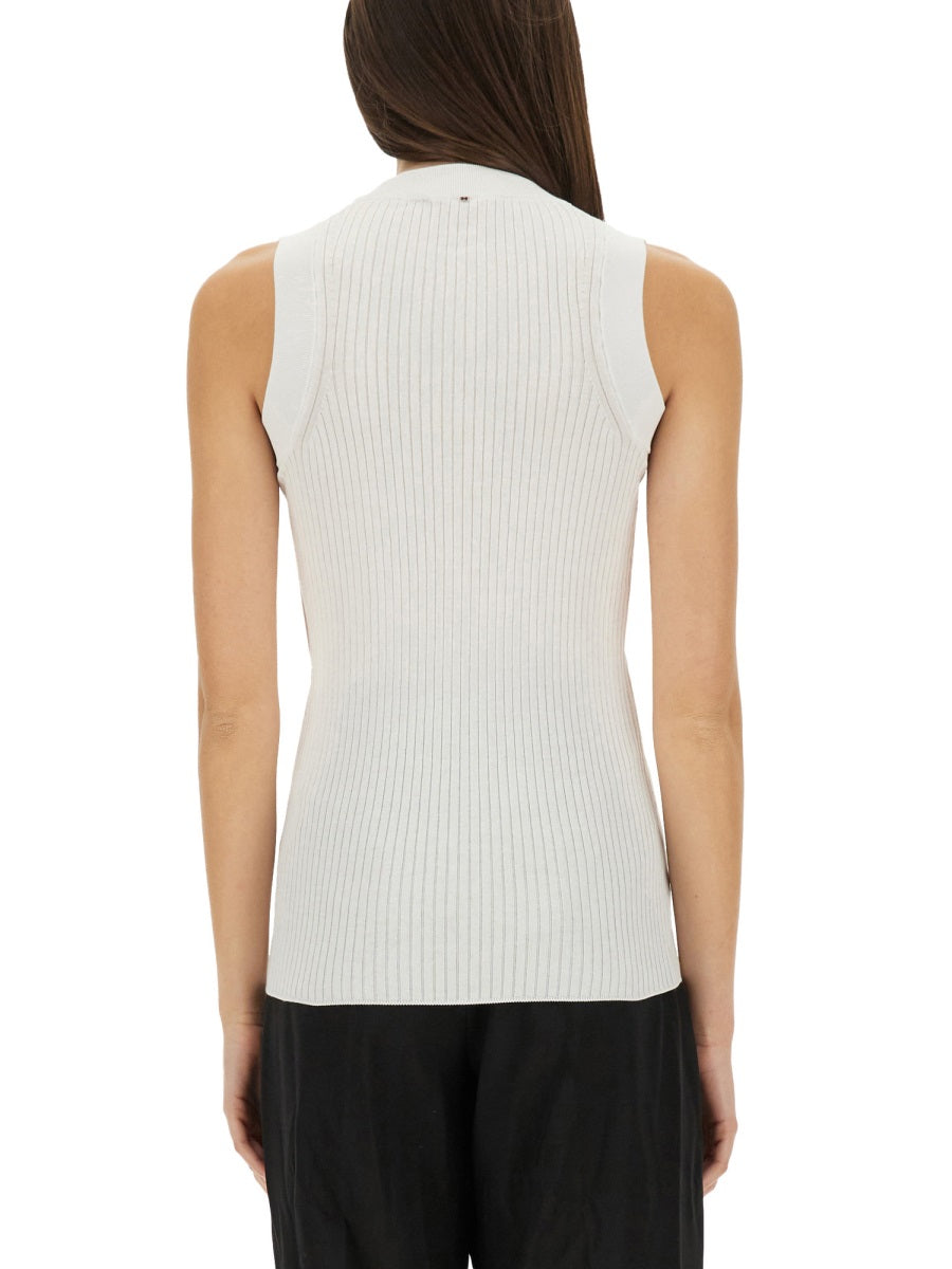 Ribbed Sleeveless Slim Fit Top With High Neckline