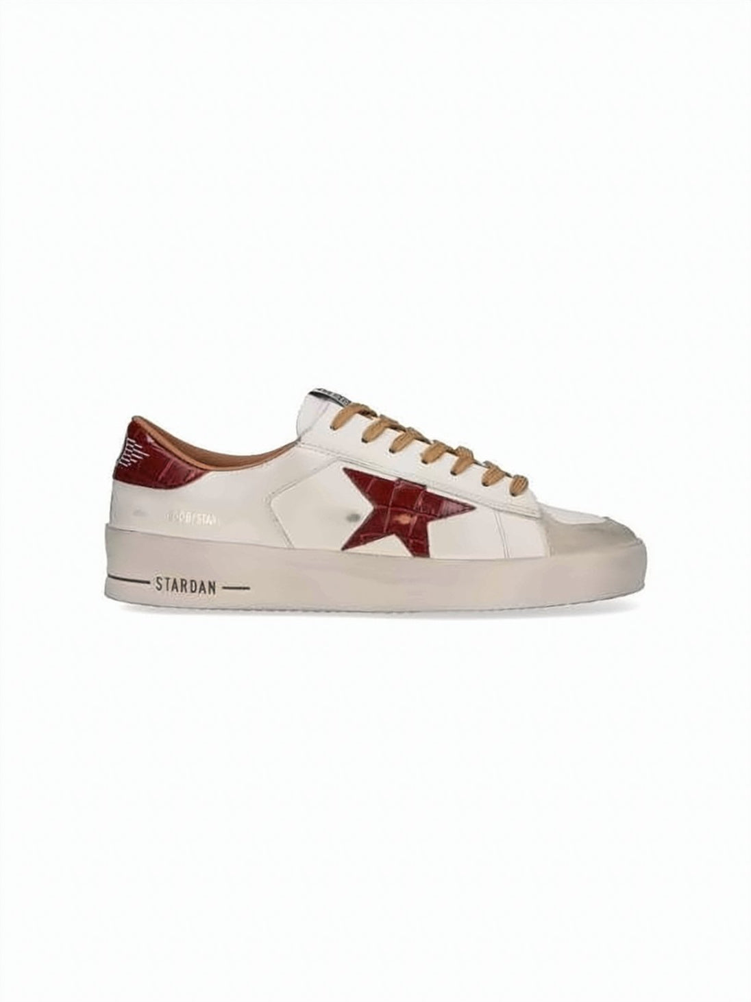 White Scuffed Leather Dark Red Star Sneakers