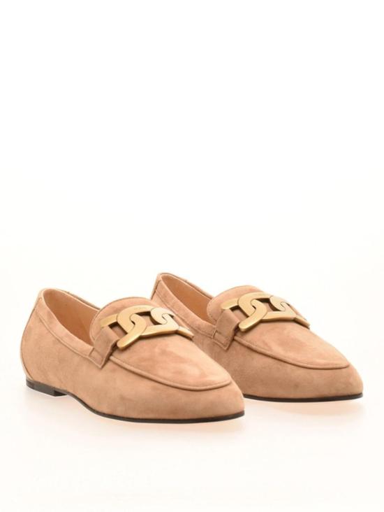 Pointed-Toe Suede Loafers with Gold-Tone Chain Detail