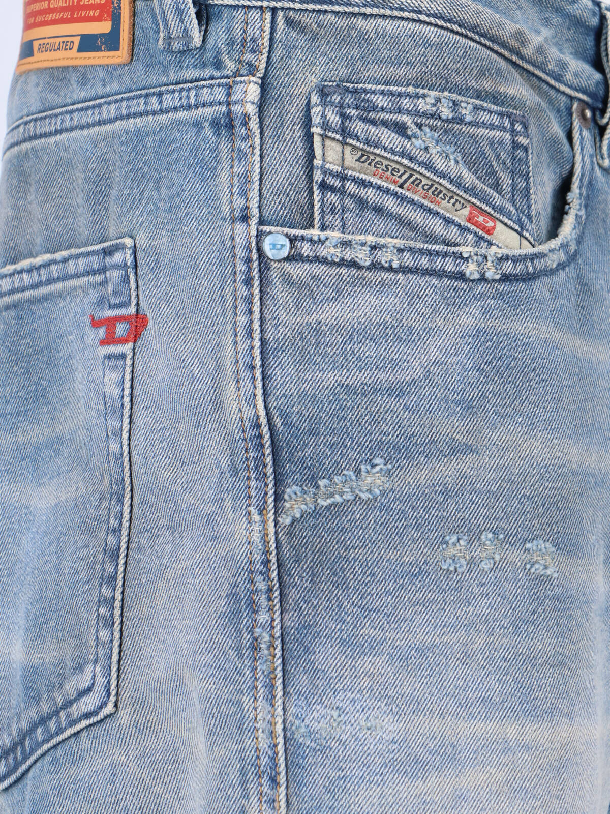 Straight-Leg Blue Denim Jeans with Distressed Details