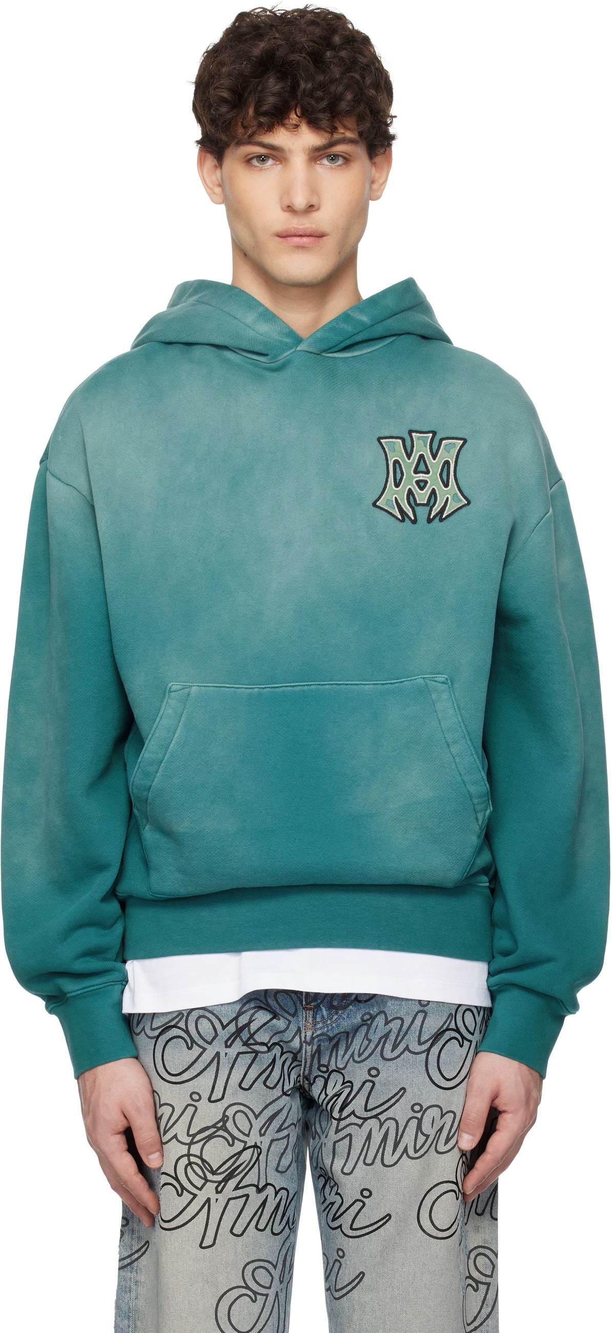 Faded Teal Oversized Hoodie with Graphic Patches