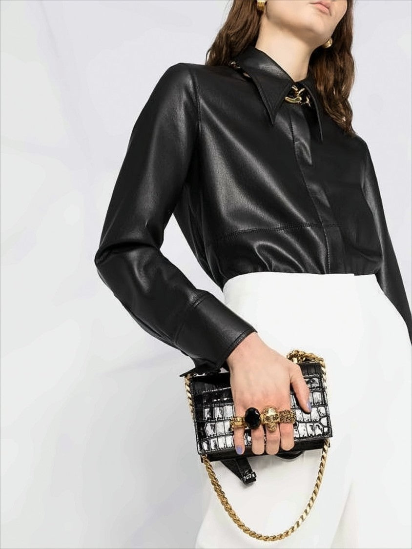 Crocodile-Embossed Black Calf Leather Crossbody Bag