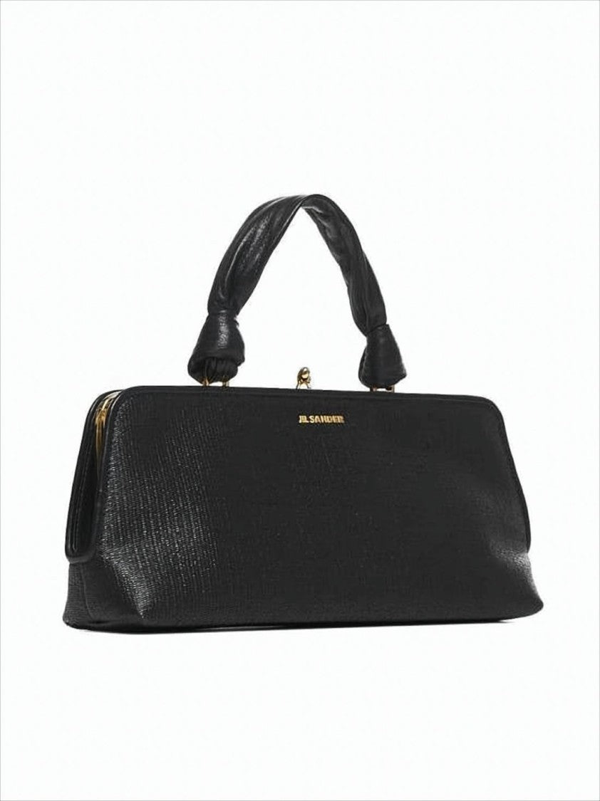 Textured Black Tote Bag with Gold-tone Clasp