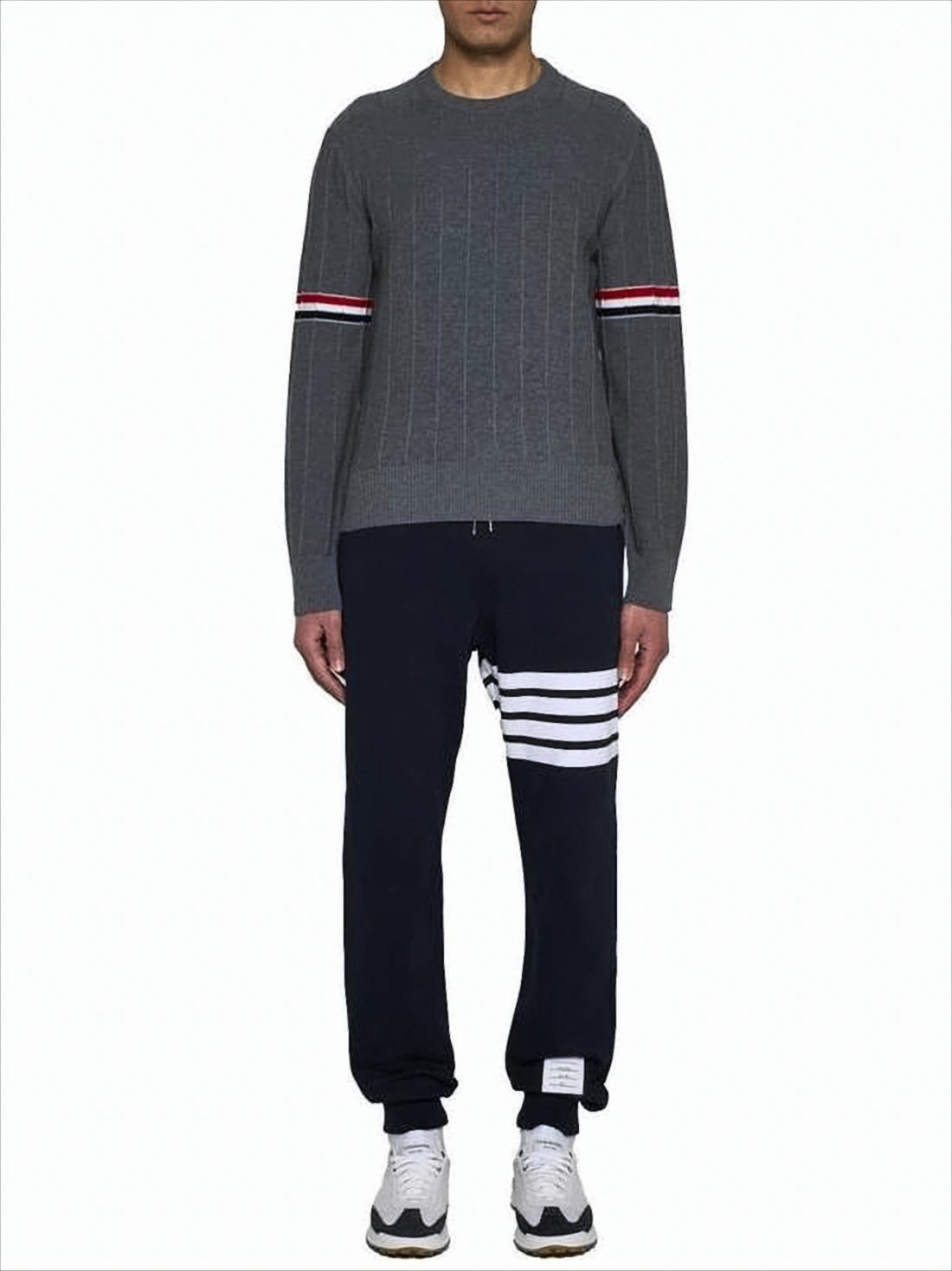 Boxy Grey Wool Sweater with Distinctive Horizontal Stripes