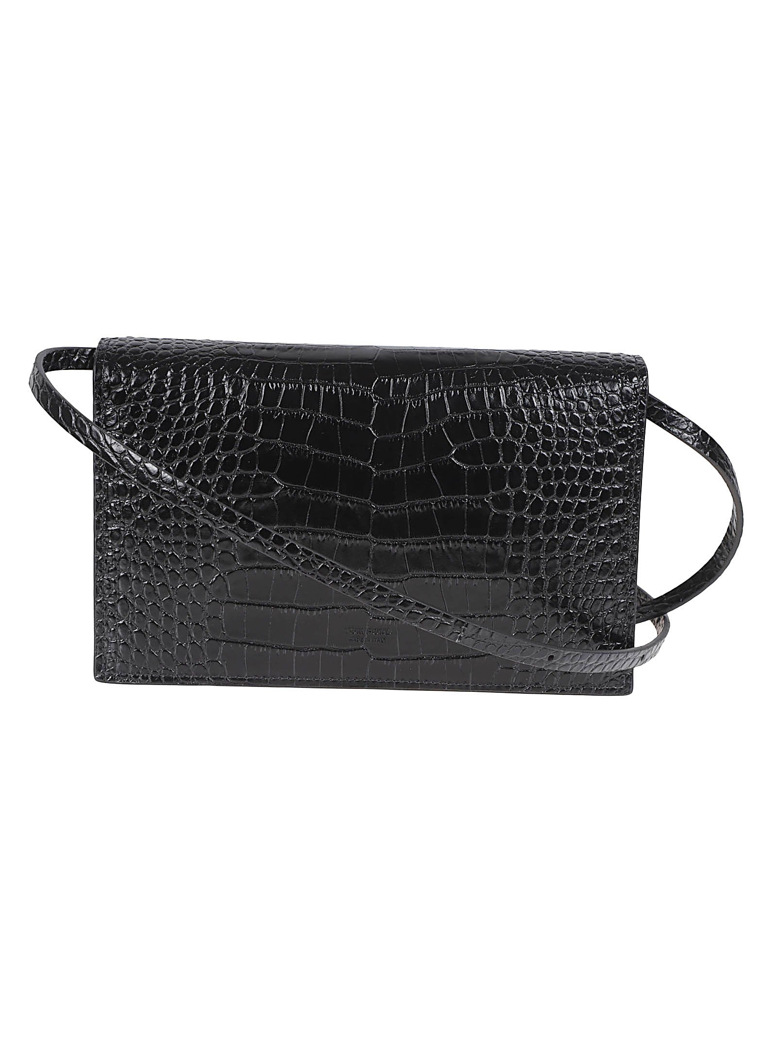 Rectangular Black Crocodile-Effect Bag with Adjustable Strap