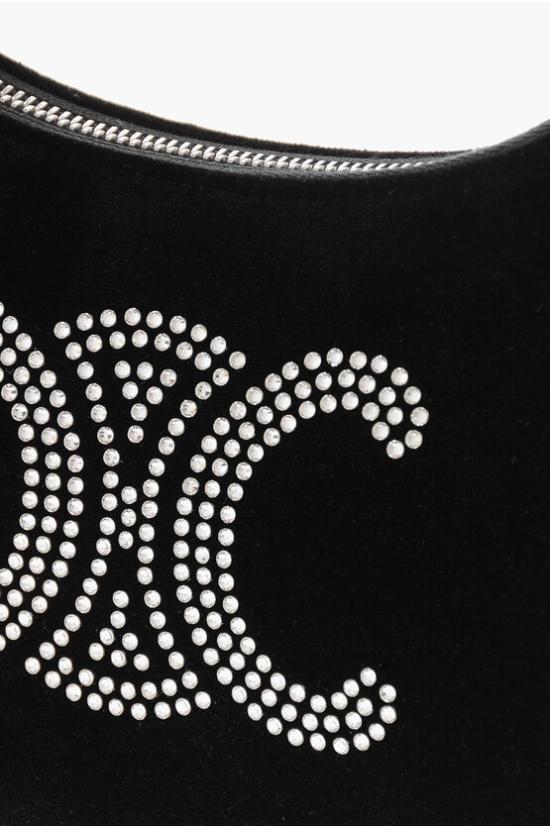 Crescent-Shape Velvet Shoulder Bag with Embellished Logo