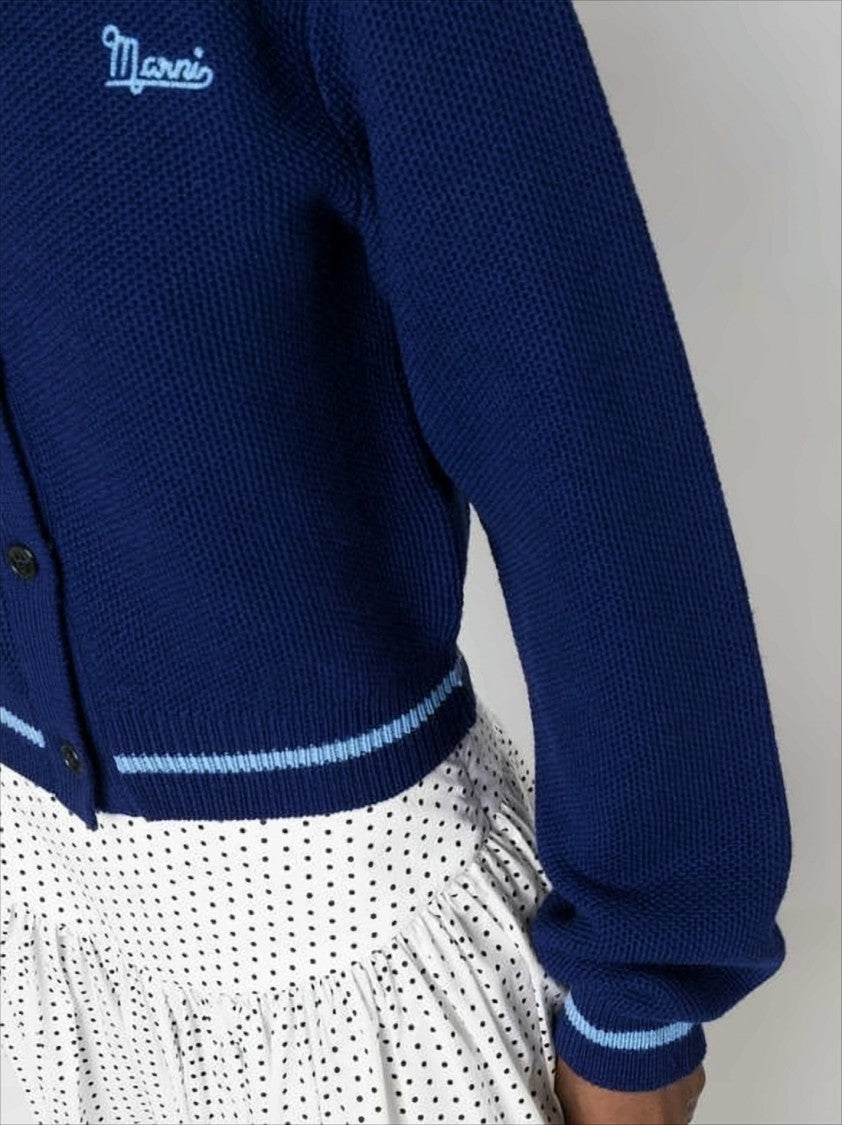 Cropped Deep Navy Cardigan with Textured Wool and Contrasting Stripes
