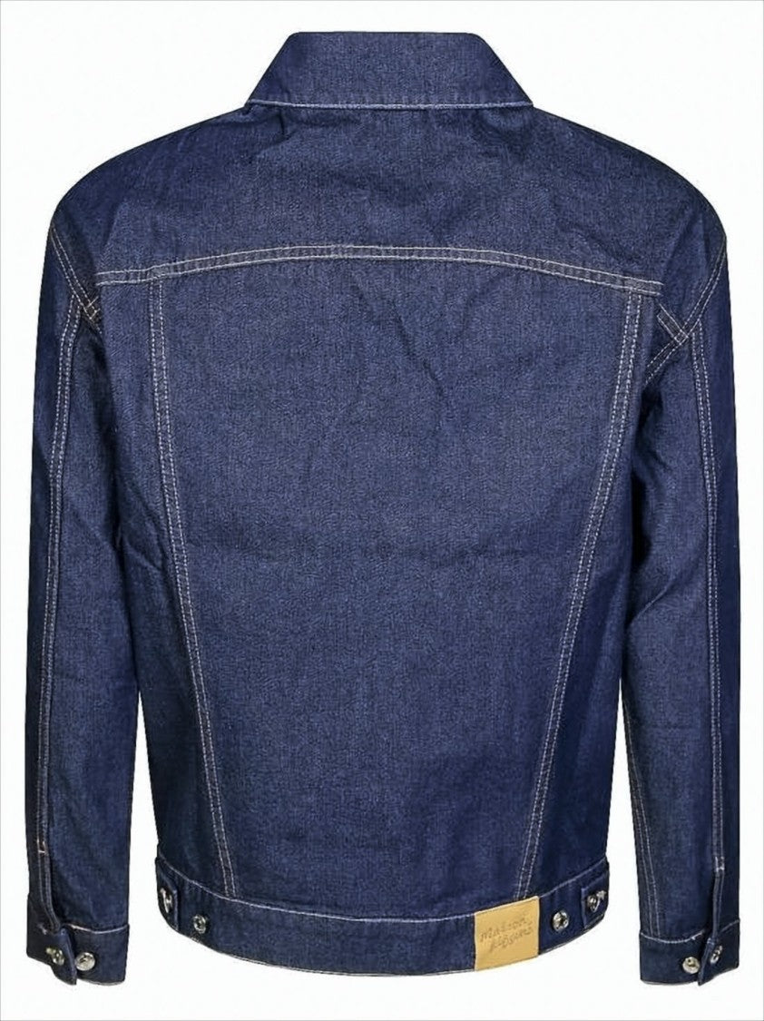 Structured Blue Denim Jacket With Flap Pockets And Embroidered Logo