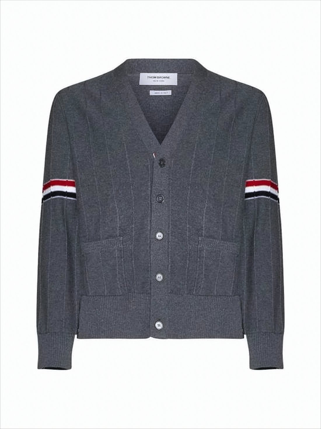 Grey Wool Cardigan with V-Neck and Iconic Striped Accents