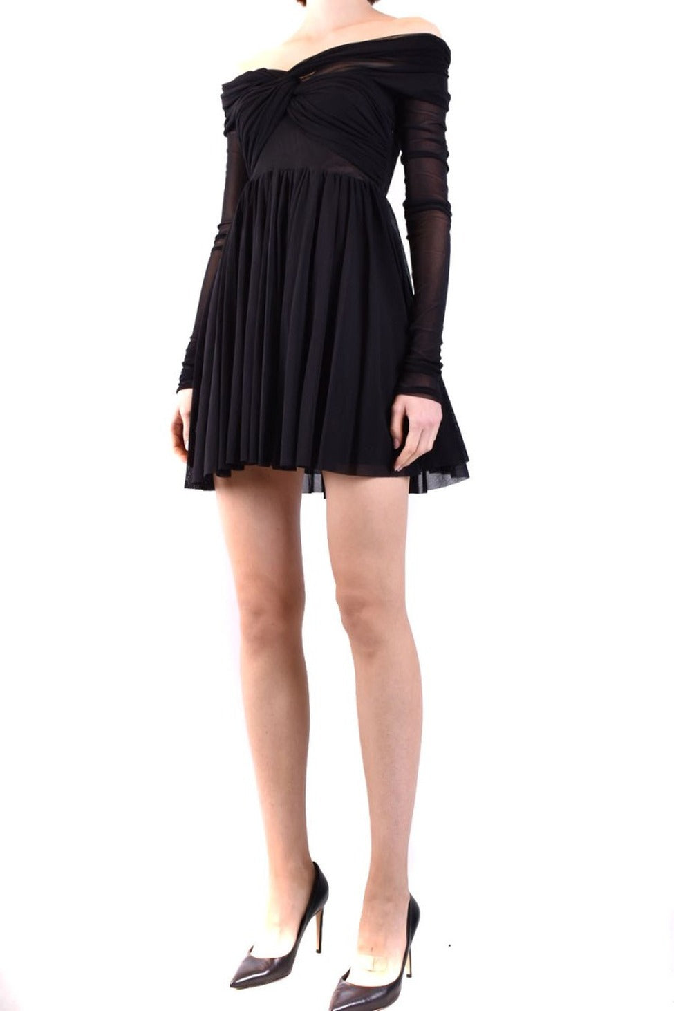 Off-Shoulder Viscose Dress With Twisted Bodice And Pleated Skirt