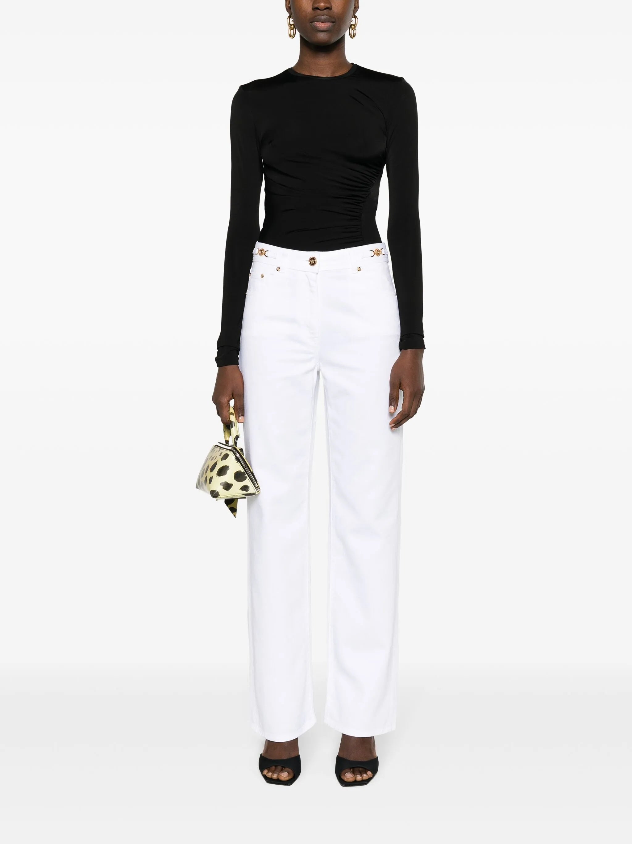 White Wide-Leg Gold Hardware Denim Jeans