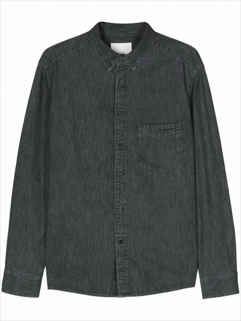 Washed Black Long-Sleeve Shirt with Classic Collar