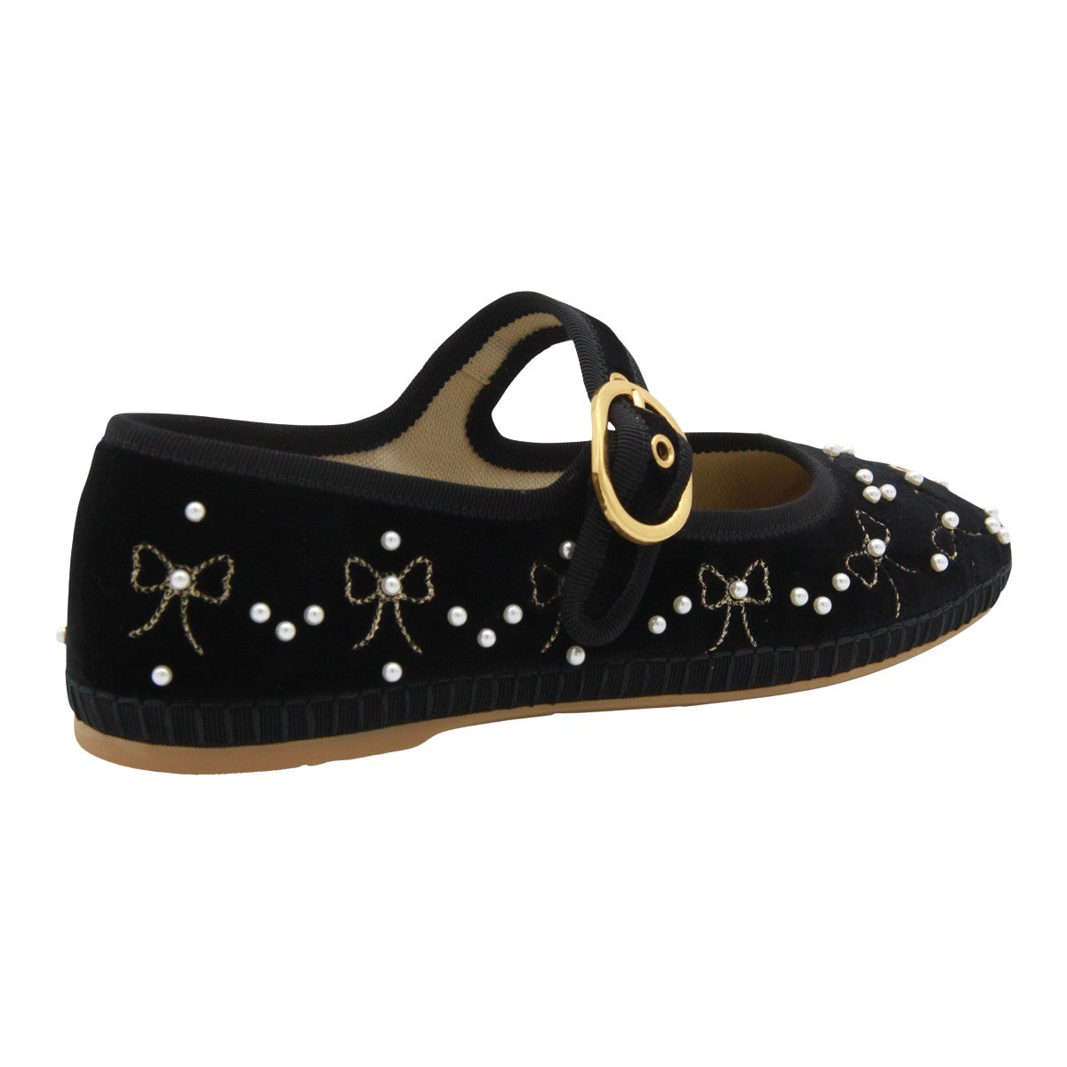 Embellished Black Velvet Flats with Pearl Details