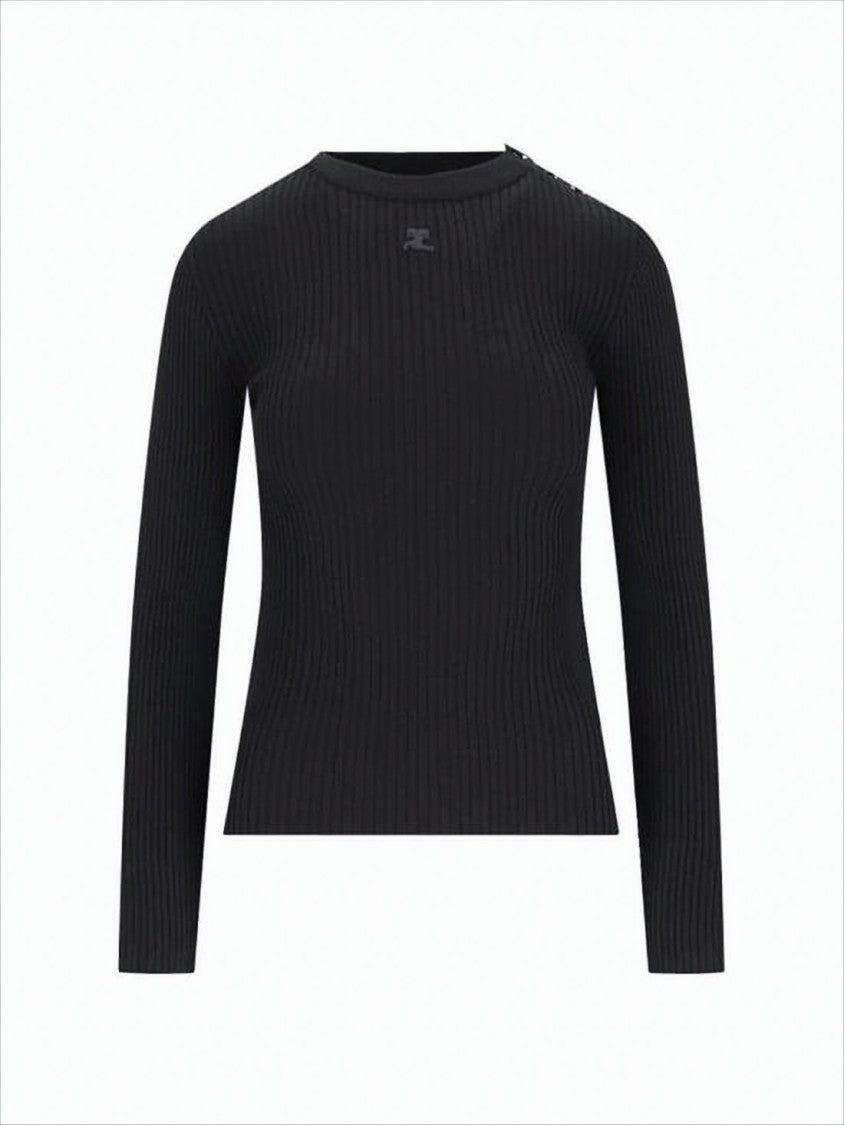 Fitted Ribbed Sweater with Decorative Buttons