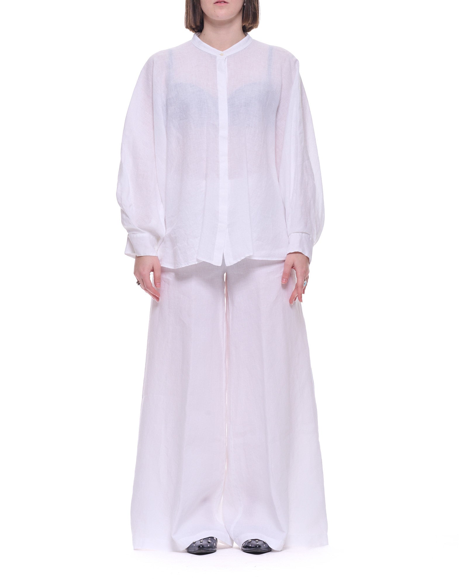 White Batwing Sleeve Linen Button Shirt