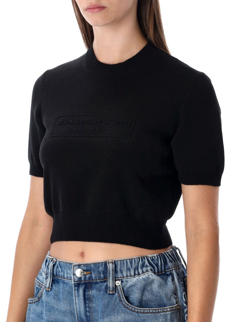 Cropped Ribbed Chenille Sweater With Logo