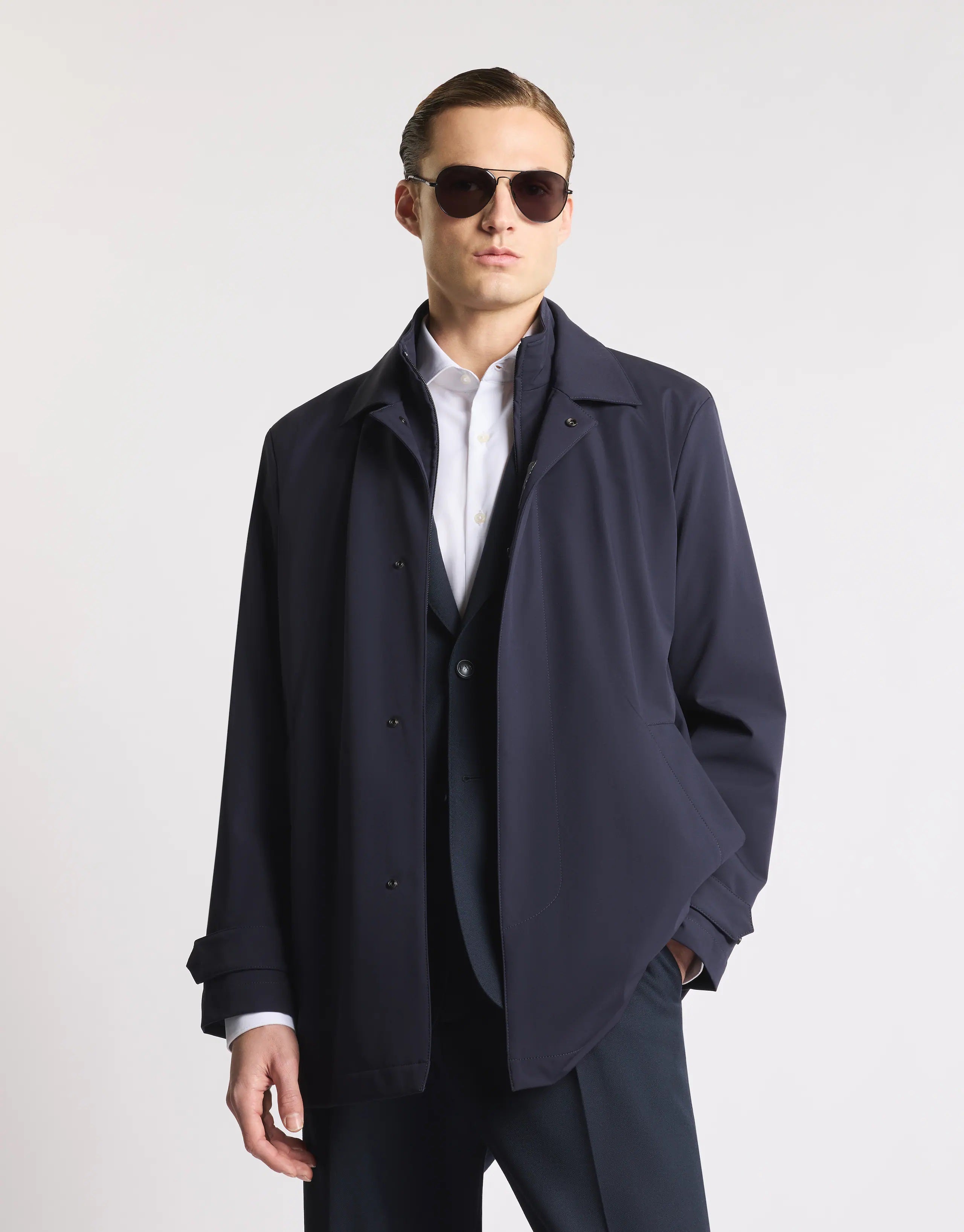Navy Blue Versatile Jacket with Minimalist Design