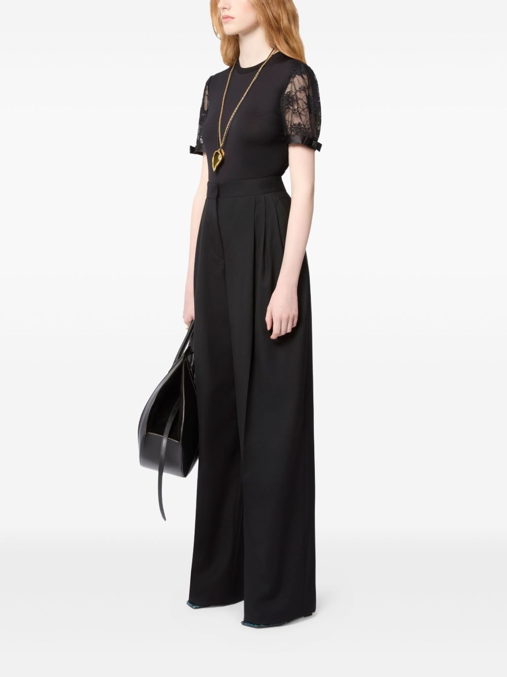 Short-Sleeved Top with Lace Sleeves and Bow Details