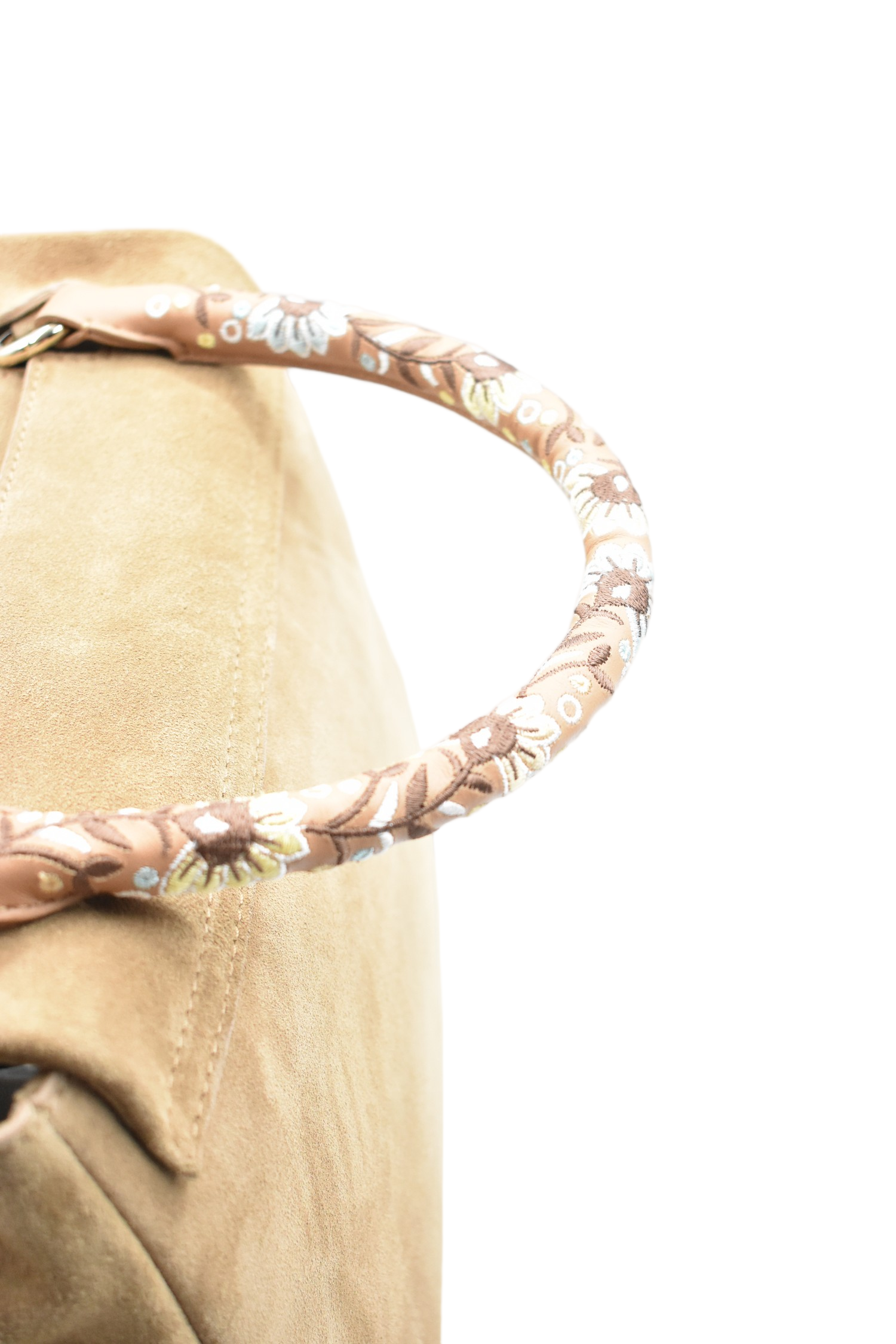 Suede Handbag with Floral-Wrapped Handle