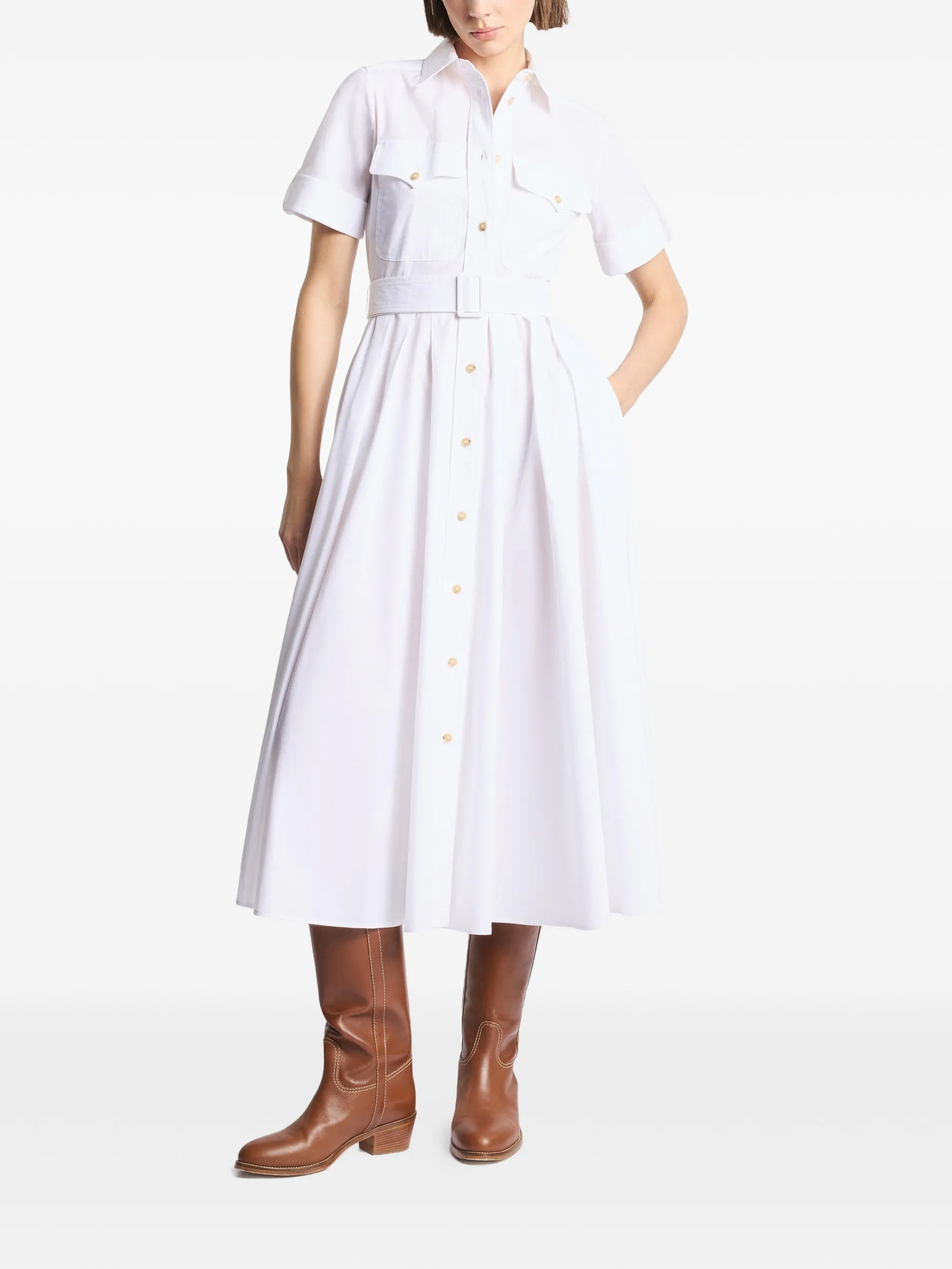 White Midi Structured Collar Belted Dress