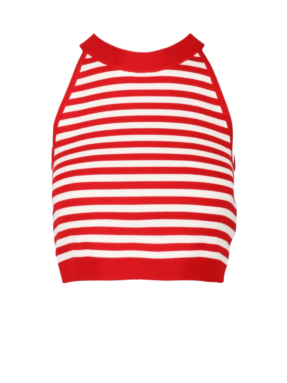 Sleeveless Knit Top with Horizontal Stripes and Ribbed Trim