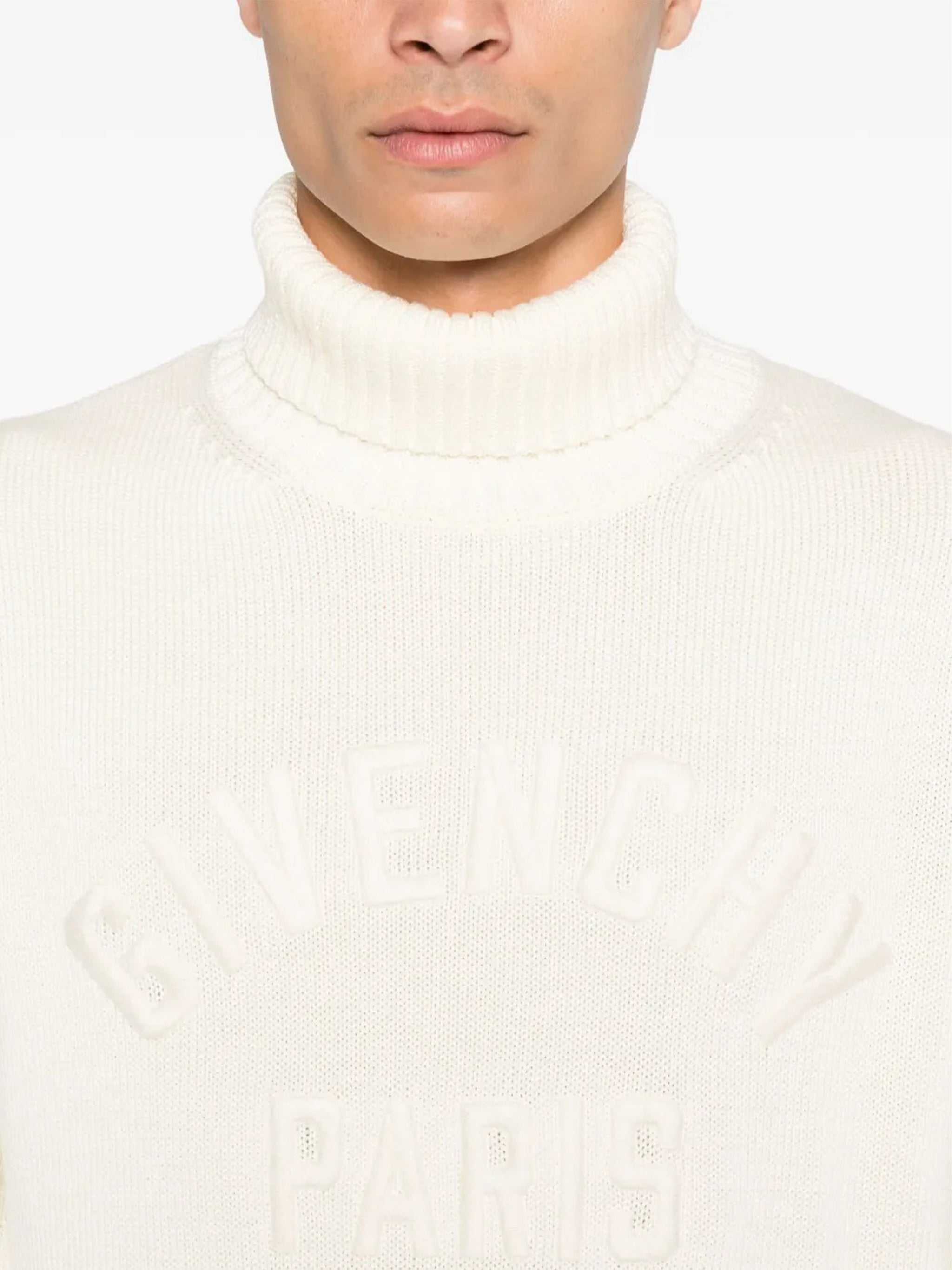 Off-White Ribbed Knit Embossed Turtleneck Sweater