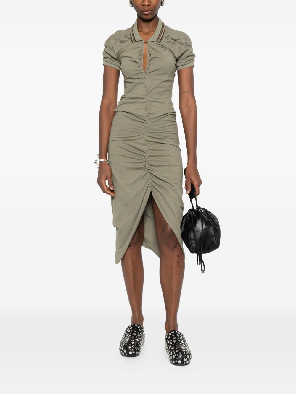 Fitted Green Midi Dress With Ruched Detailing And Polo Collar