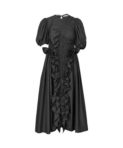 Ruffled Midi Dress With Puffed Sleeves And Dramatic Silhouette