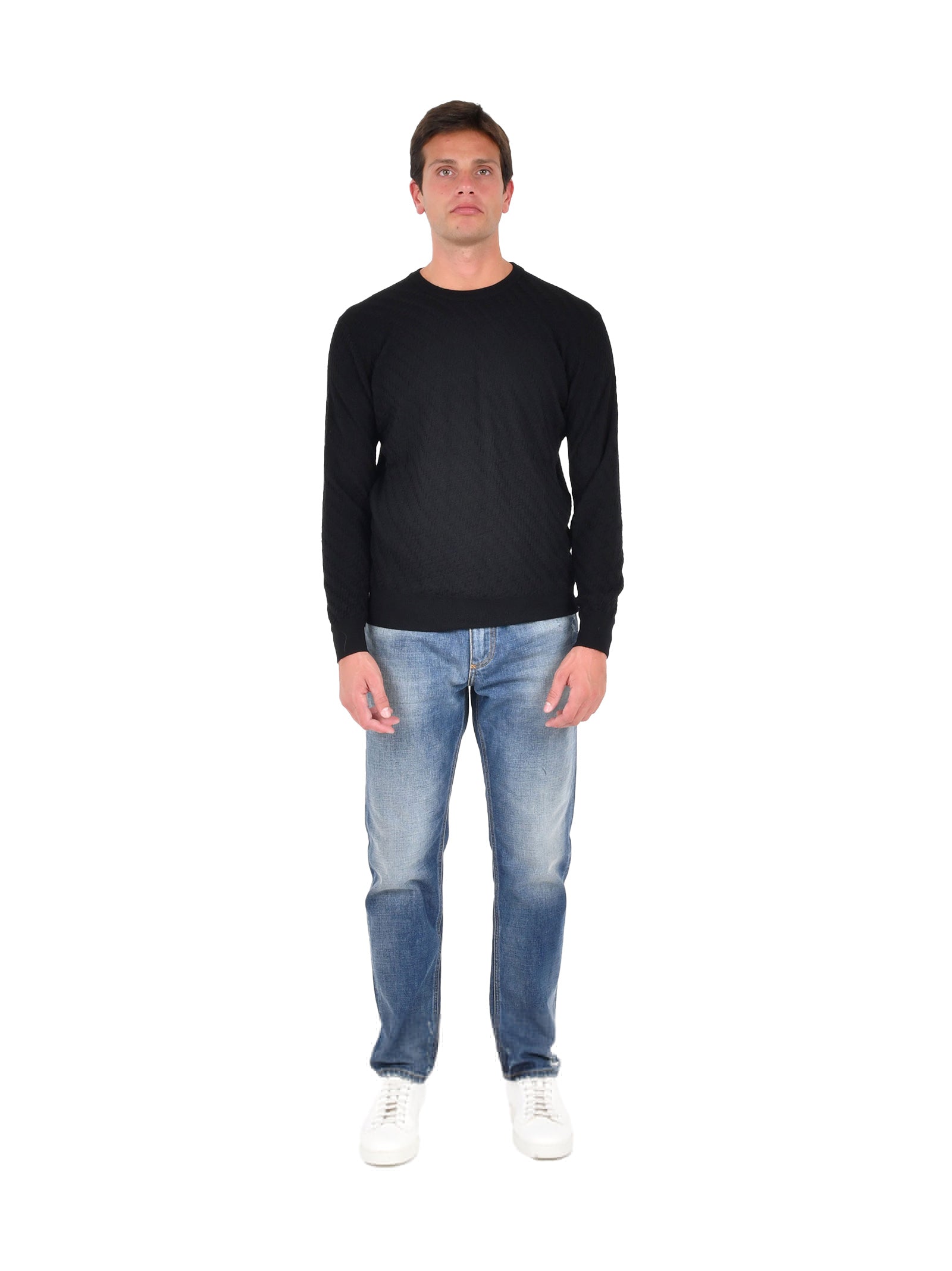 Black Crew Neck Sweater In Jacquard Virgin Wool