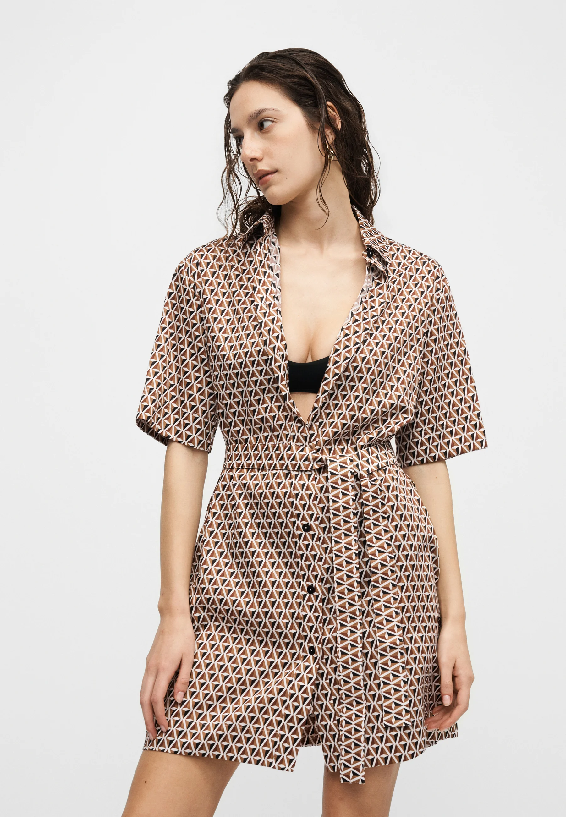 Short-Sleeved Geometric Dress with Button-Down Front