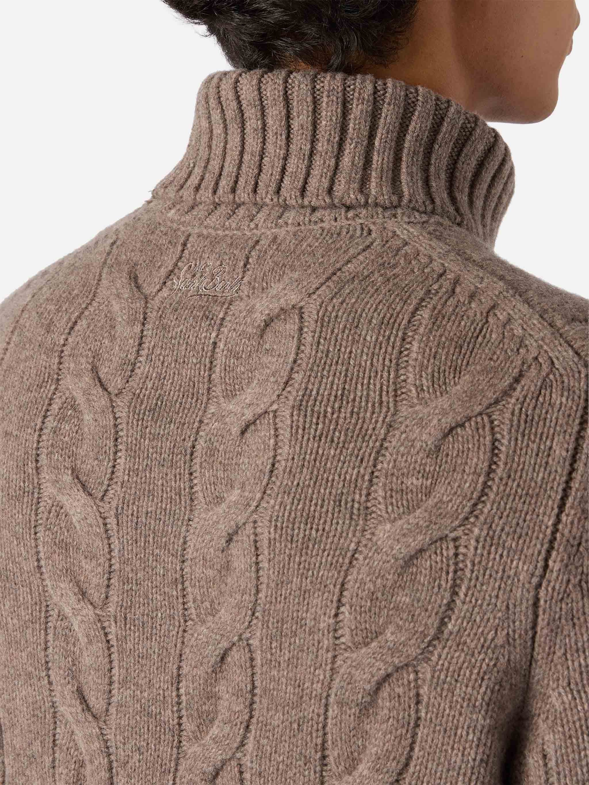 Hooded Wool Sweater With Cable Knit Design