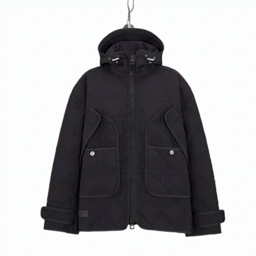 Quilted Black Jacket with Hood and Spacious Pockets