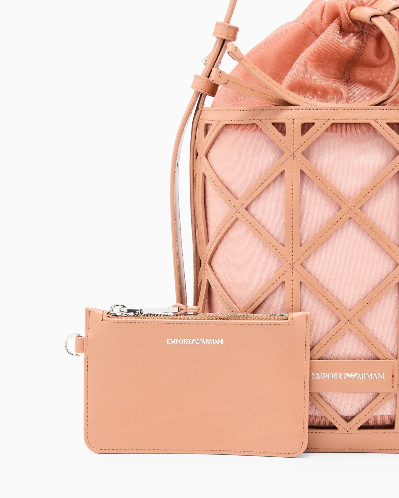 Mesh Leather Exterior Drawstring Bucket Bag
