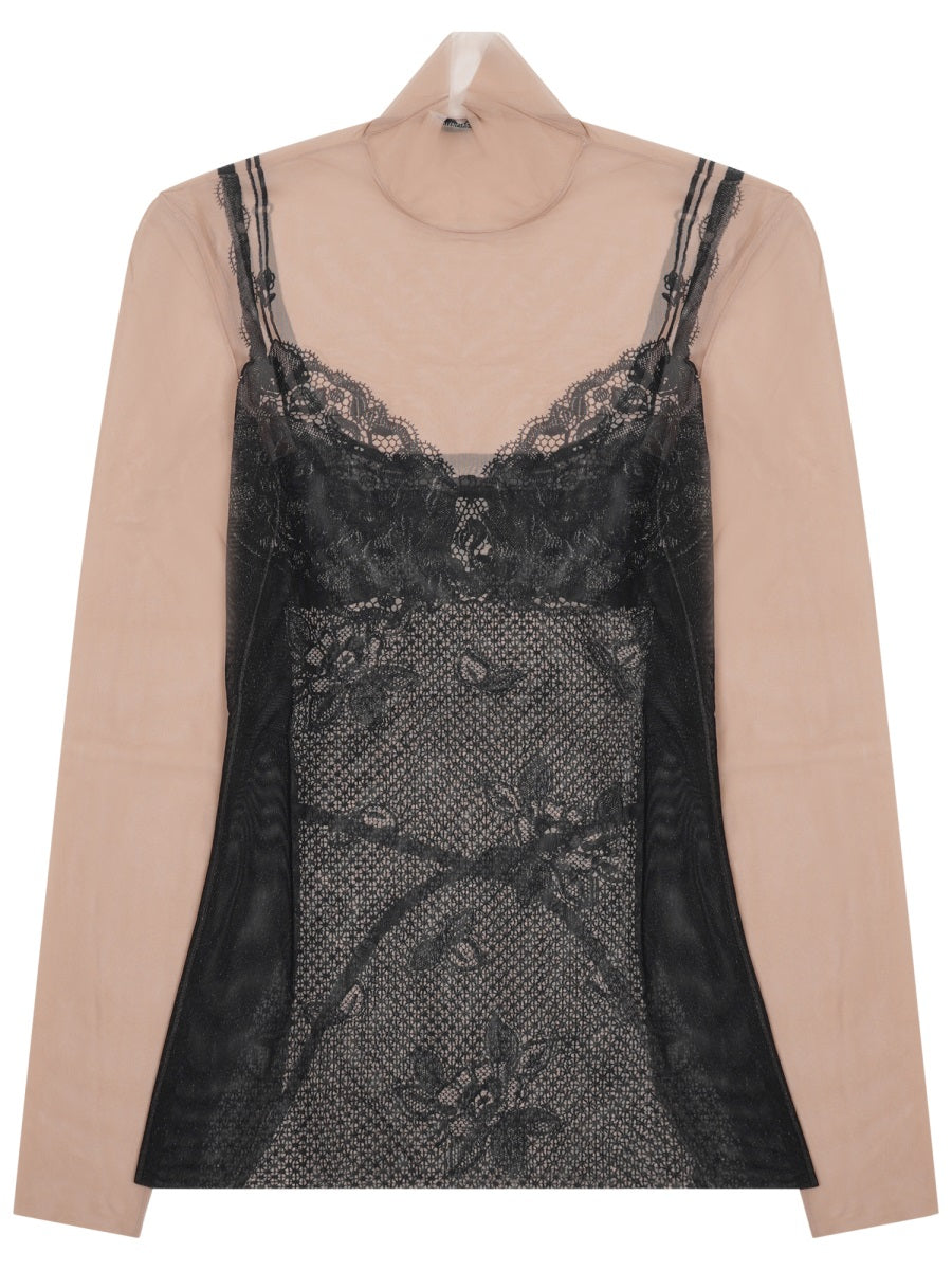 Sheer Long-Sleeve Top With Black Lace Overlay