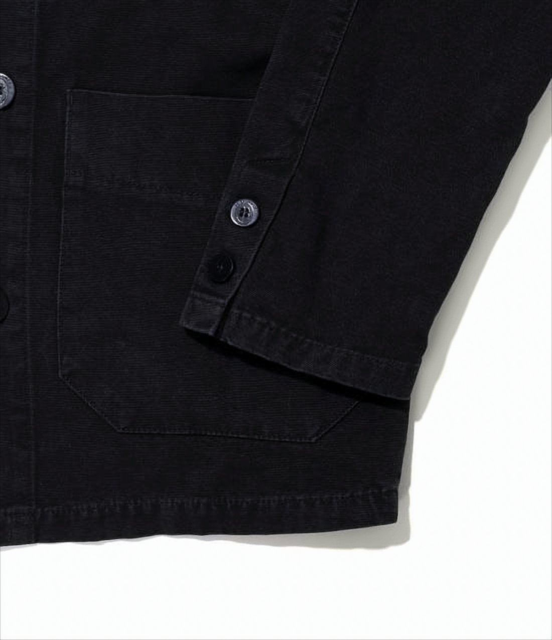 Button-Up Black Cotton Jacket with Pointed Collar and Patch Pockets