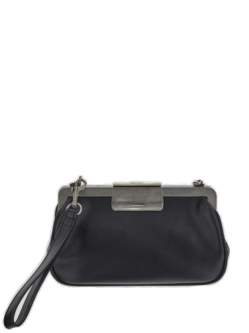 Rounded Black Leather Clutch With Metallic Clasp