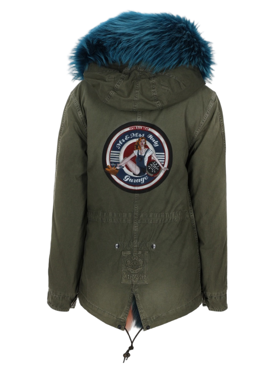 Olive Green Parka With Blue Faux Fur Trim