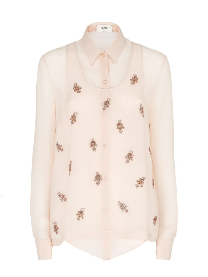 Embroidered Sheer Georgette Top With Classic Collar