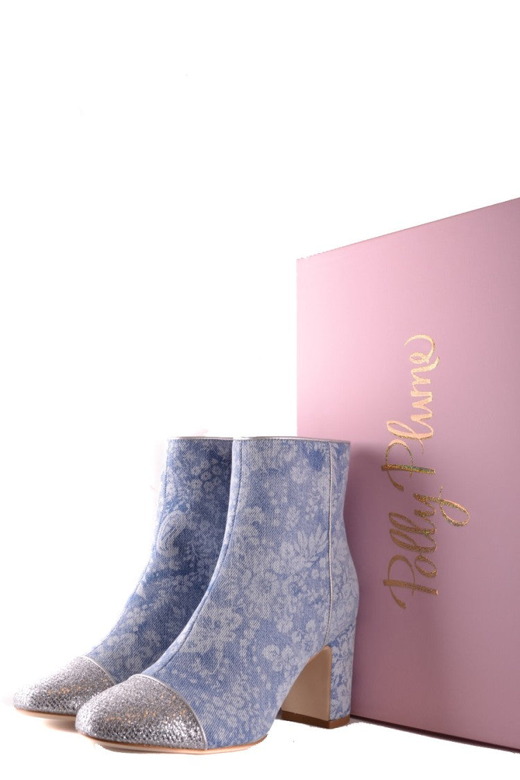 Textured Blue Ankle Boots With Block Heel