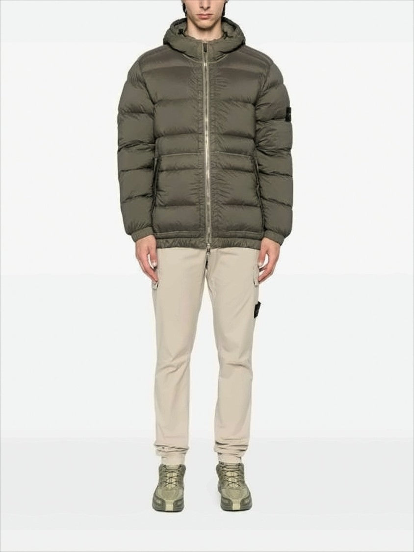 Quilted Down Jacket with Adjustable Hood and Signature Patch