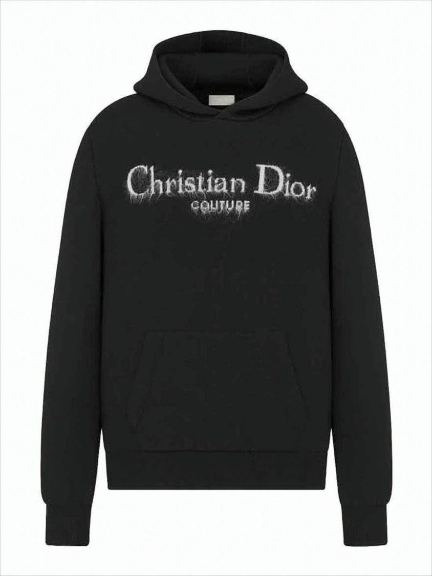 Signature Black Wool-Blend Hoodie With Fuzzy Logo Embroidery