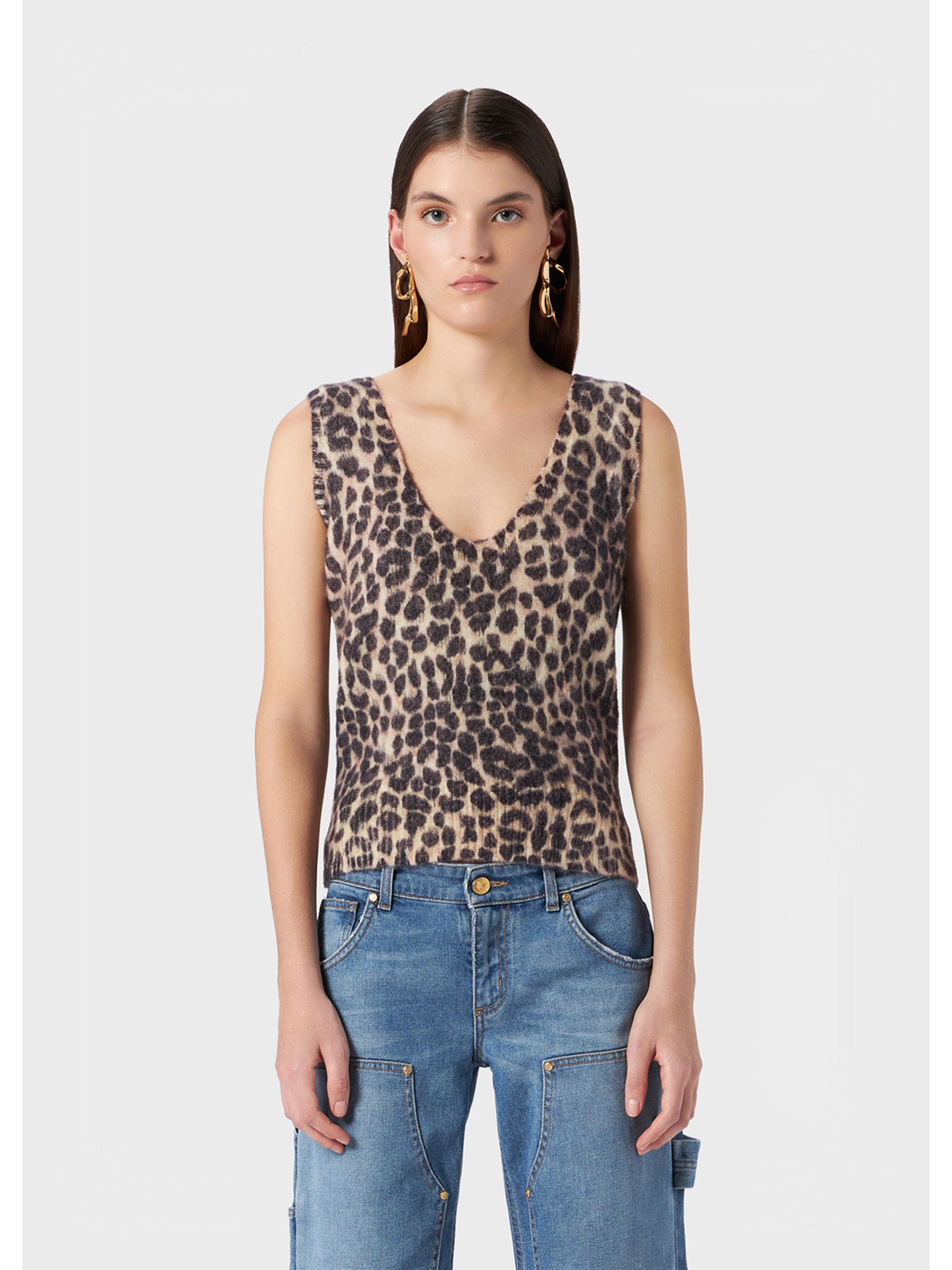 Sleeveless Alpaca Blend Leopard Print Top