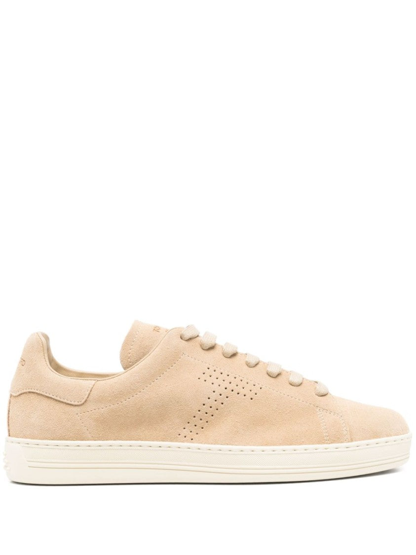 Beige Suede Sneakers With Perforated Logo Detail