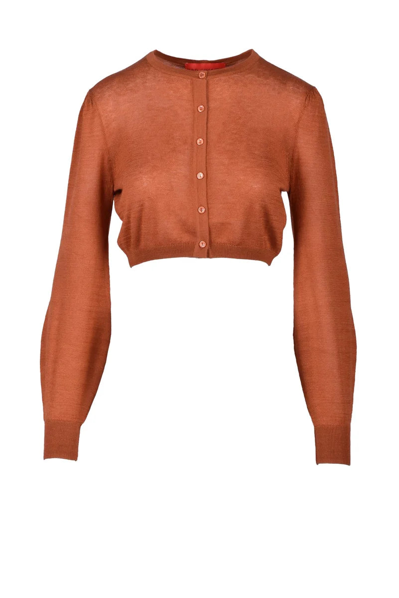 Cropped Cardigan with Silk and Cashmere Blend in Cognac