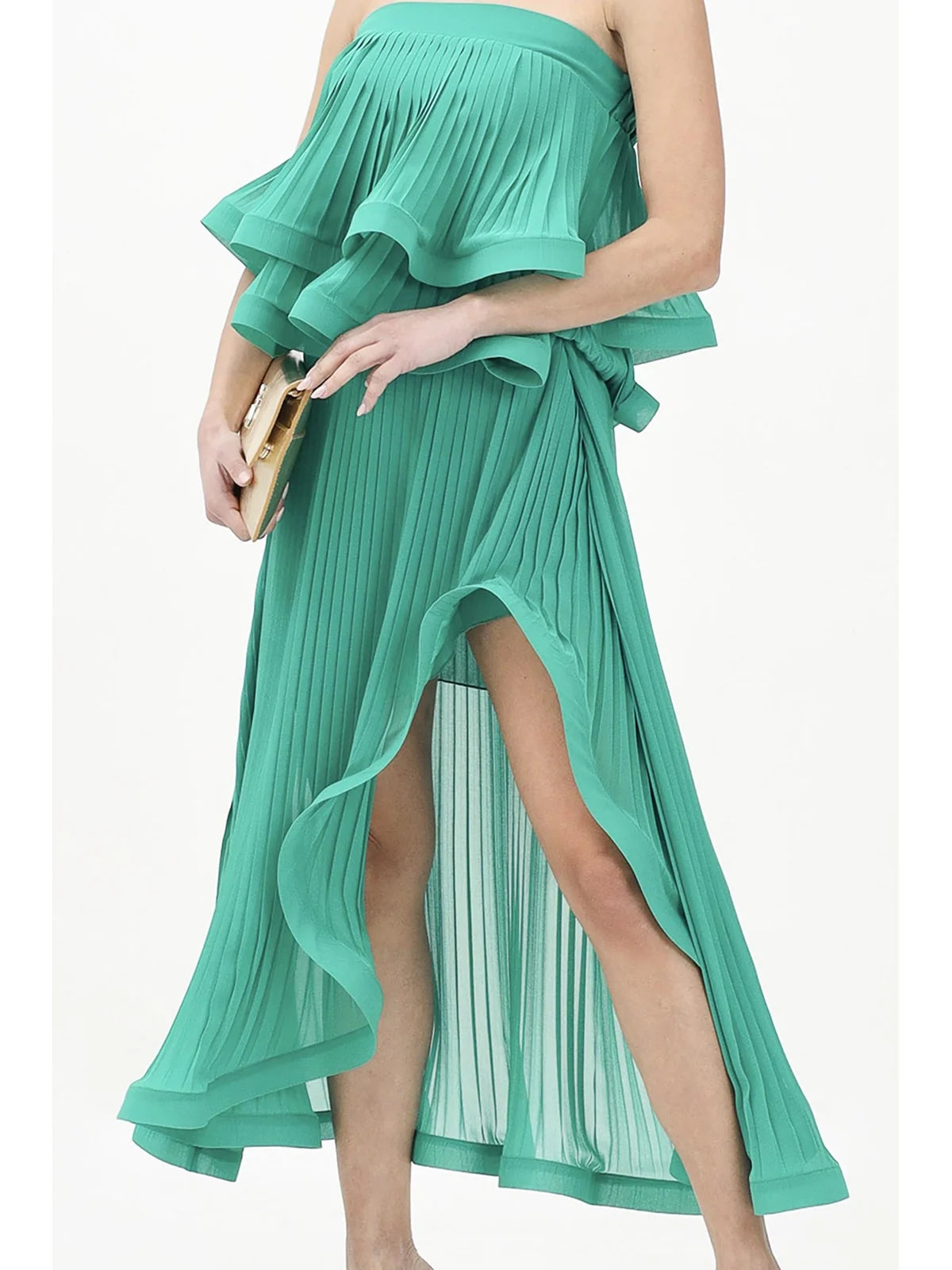 Green Polyester Asymmetric Pleated Skirt