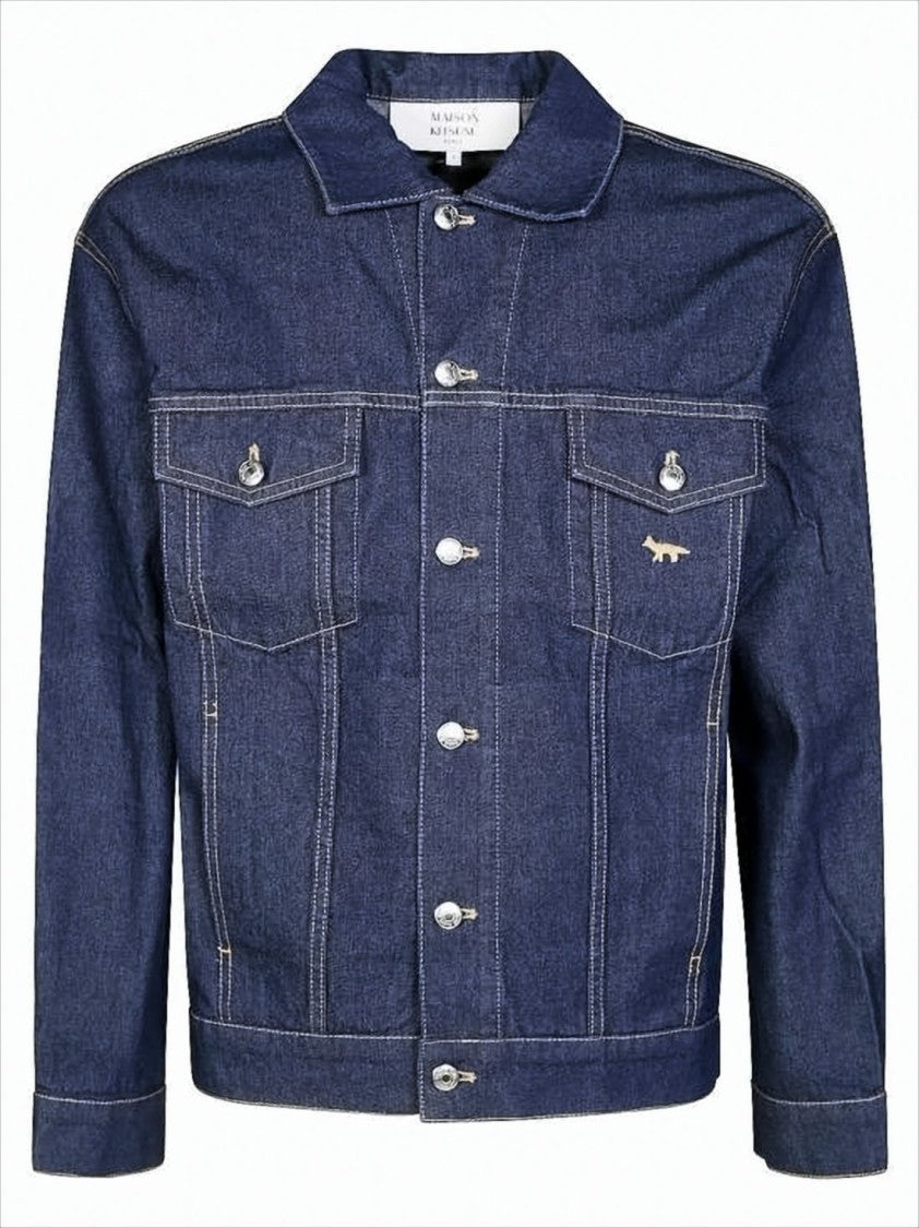 Structured Blue Denim Jacket With Flap Pockets And Embroidered Logo
